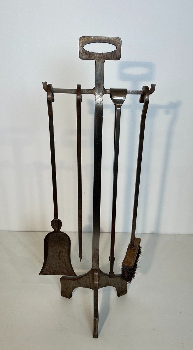 Modernist Steel Fireplace Tools On Stand. French Work. Circa 1970-photo-3