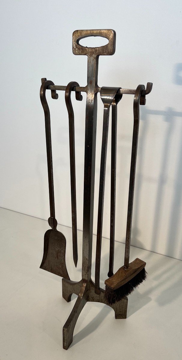 Modernist Steel Fireplace Tools On Stand. French Work. Circa 1970-photo-4