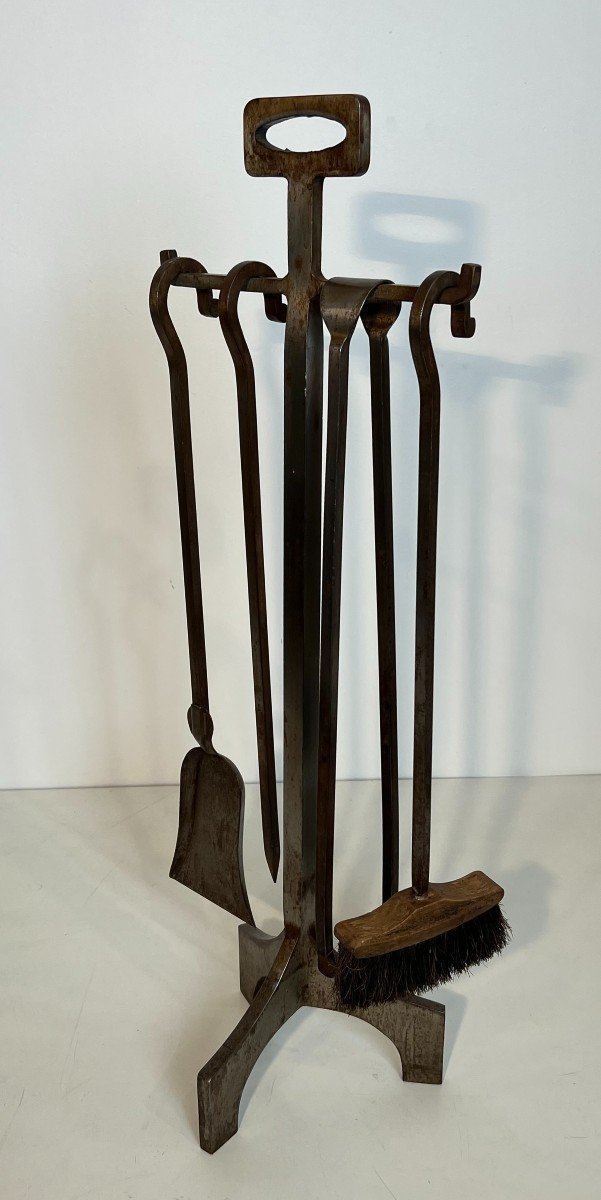 Modernist Steel Fireplace Tools On Stand. French Work. Circa 1970-photo-1