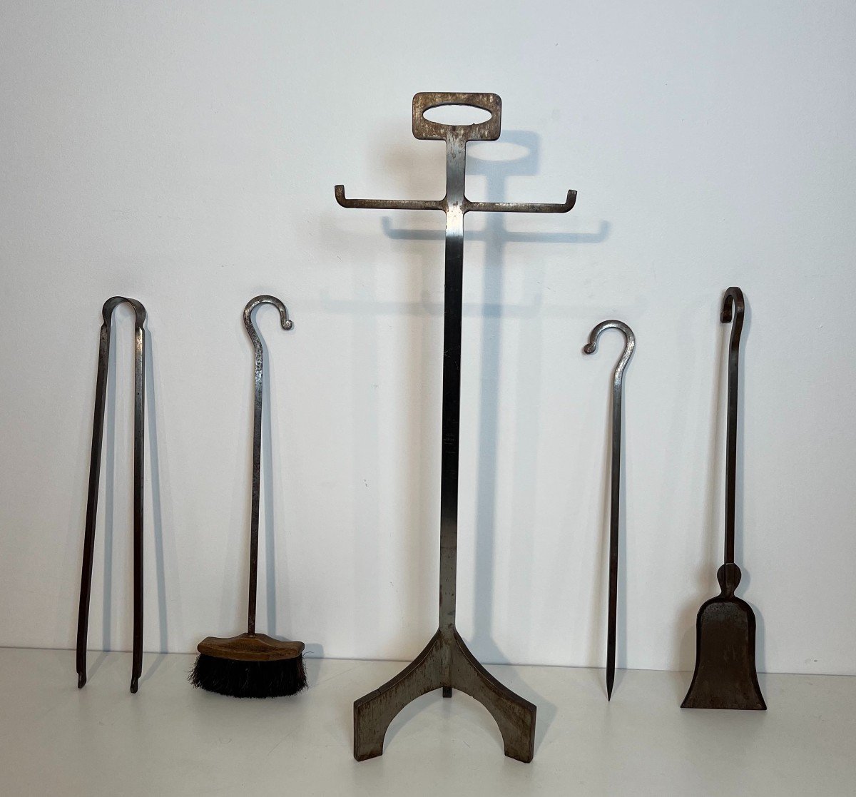 Modernist Steel Fireplace Tools On Stand. French Work. Circa 1970-photo-3