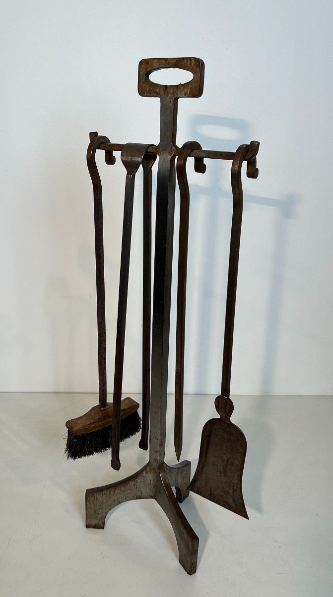 Modernist Steel Fireplace Tools On Stand. French Work. Circa 1970-photo-8