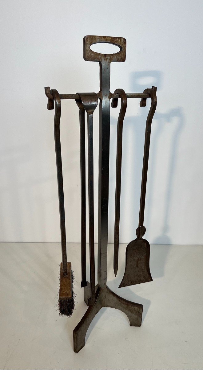 Modernist Steel Fireplace Tools On Stand. French Work. Circa 1970