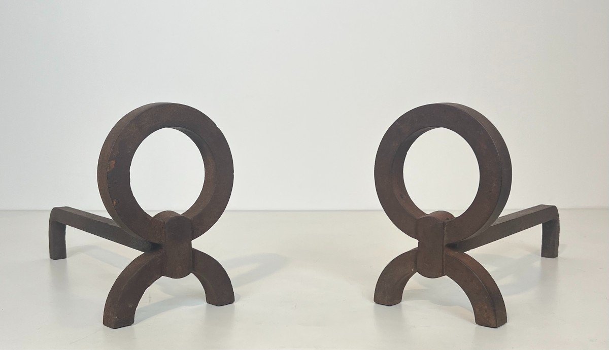 Pair Of Modernist Wrought Iron Andirons In The Style Of Jean Royère-photo-2