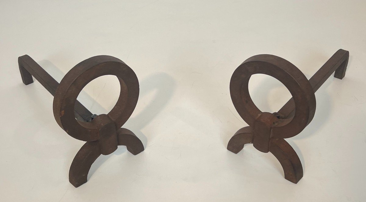 Pair Of Modernist Wrought Iron Andirons In The Style Of Jean Royère-photo-3