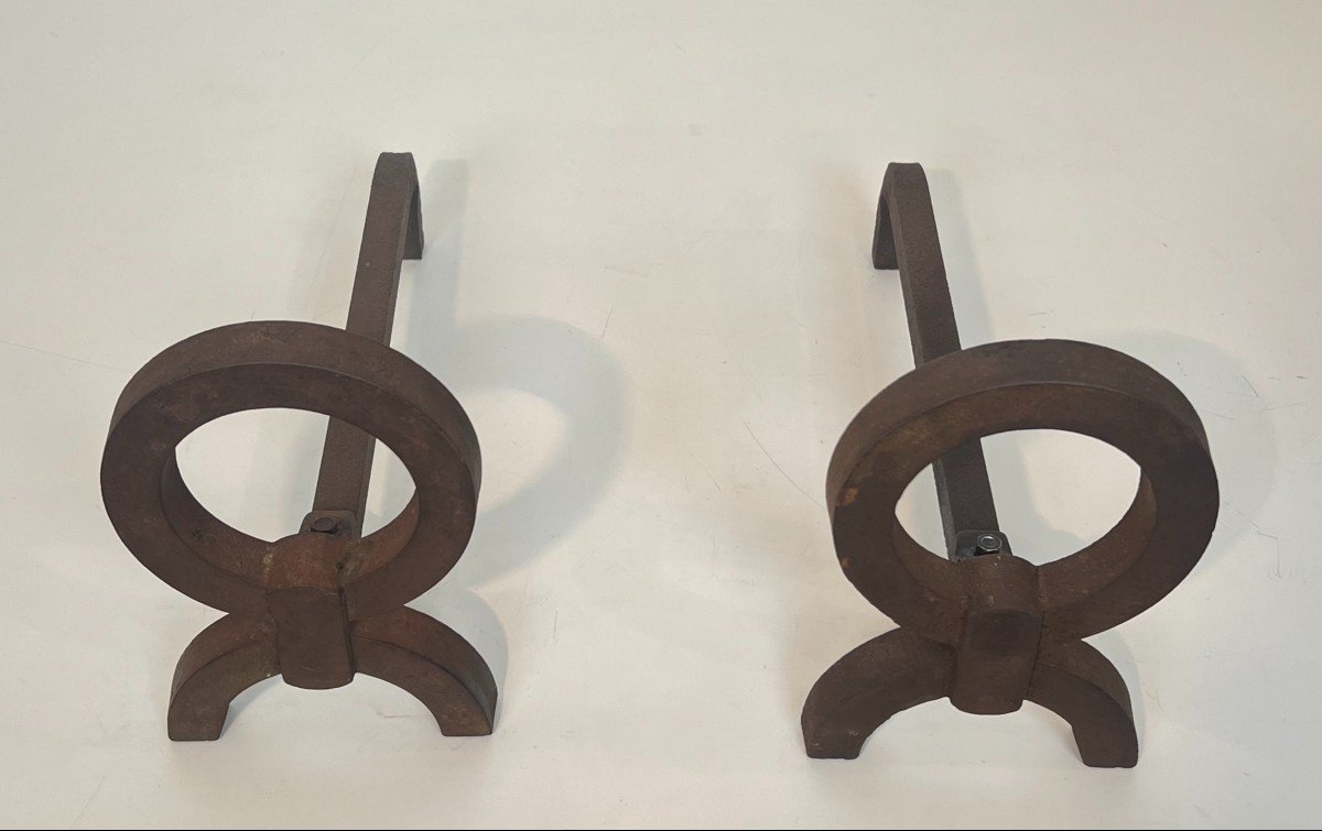 Pair Of Modernist Wrought Iron Andirons In The Style Of Jean Royère-photo-4