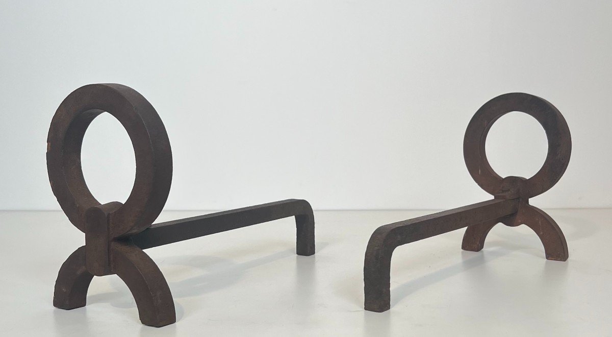 Pair Of Modernist Wrought Iron Andirons In The Style Of Jean Royère-photo-1