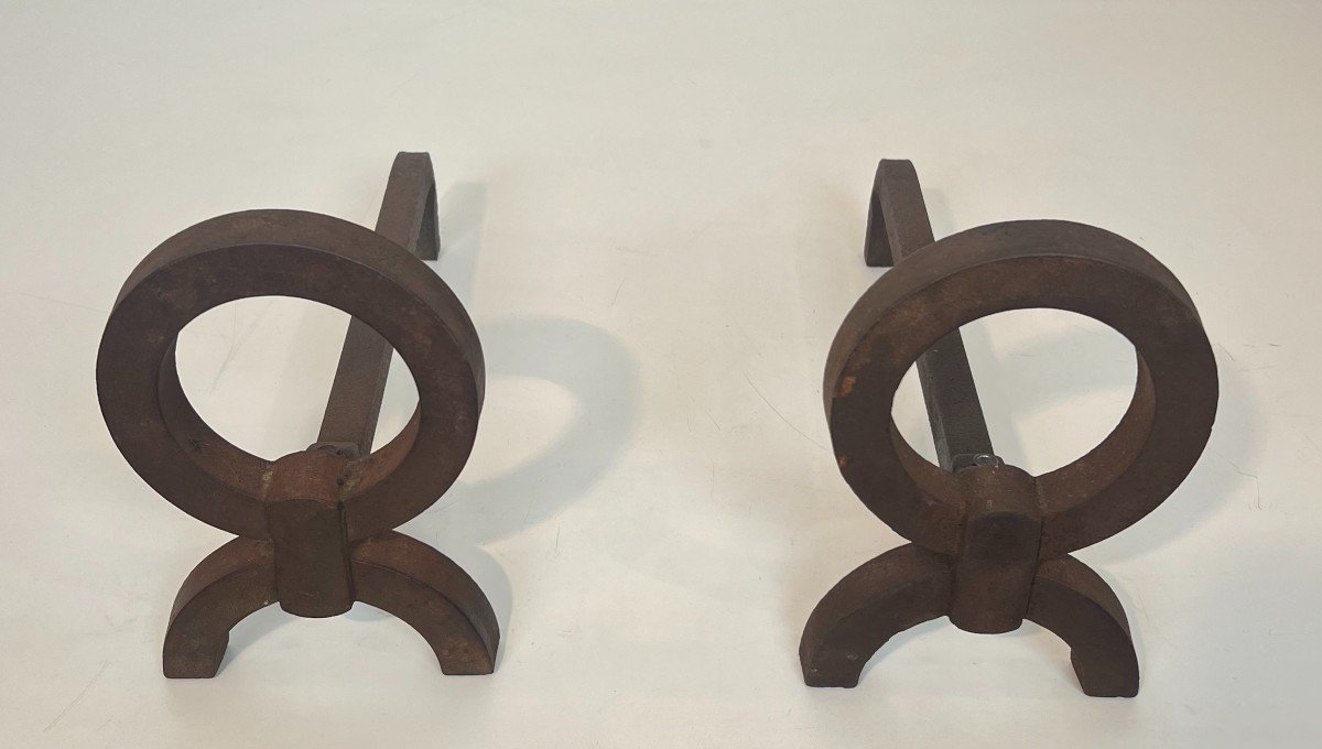 Pair Of Modernist Wrought Iron Andirons In The Style Of Jean Royère-photo-3