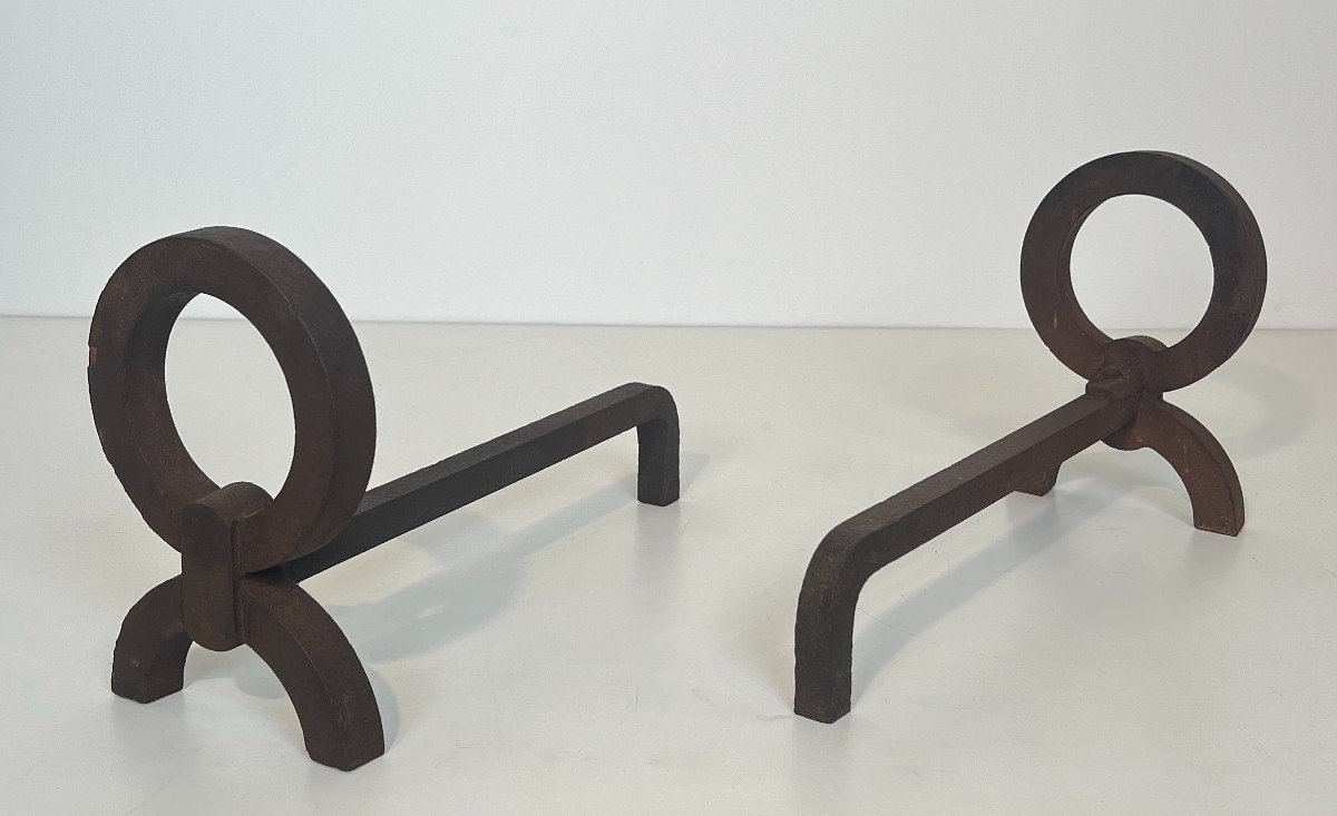 Pair Of Modernist Wrought Iron Andirons In The Style Of Jean Royère-photo-8