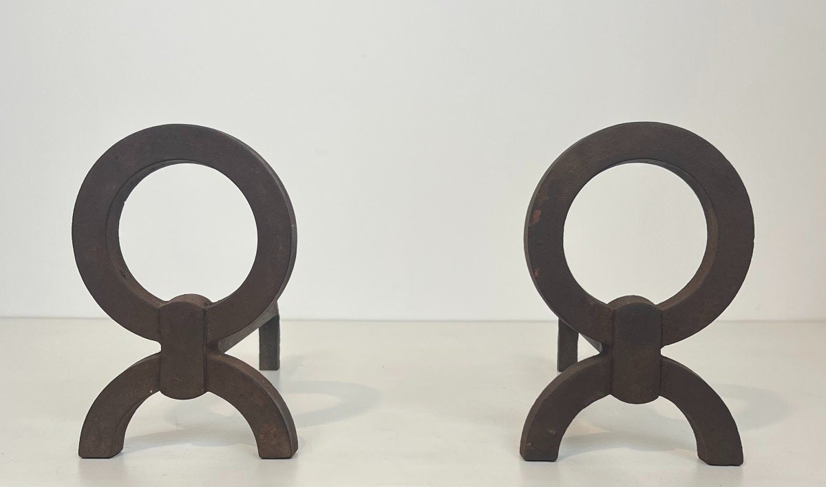 Pair Of Modernist Wrought Iron Andirons In The Style Of Jean Royère