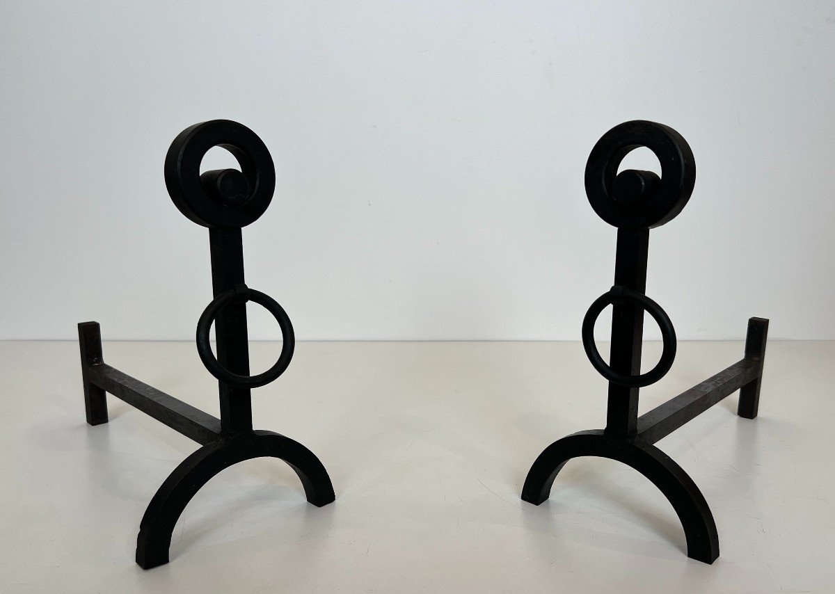 Pair Of Modernist Wrought Iron Andirons. French Work. Circa 1970-photo-2