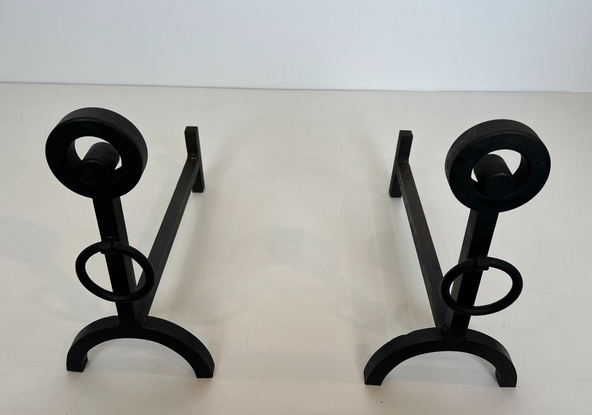 Pair Of Modernist Wrought Iron Andirons. French Work. Circa 1970-photo-3