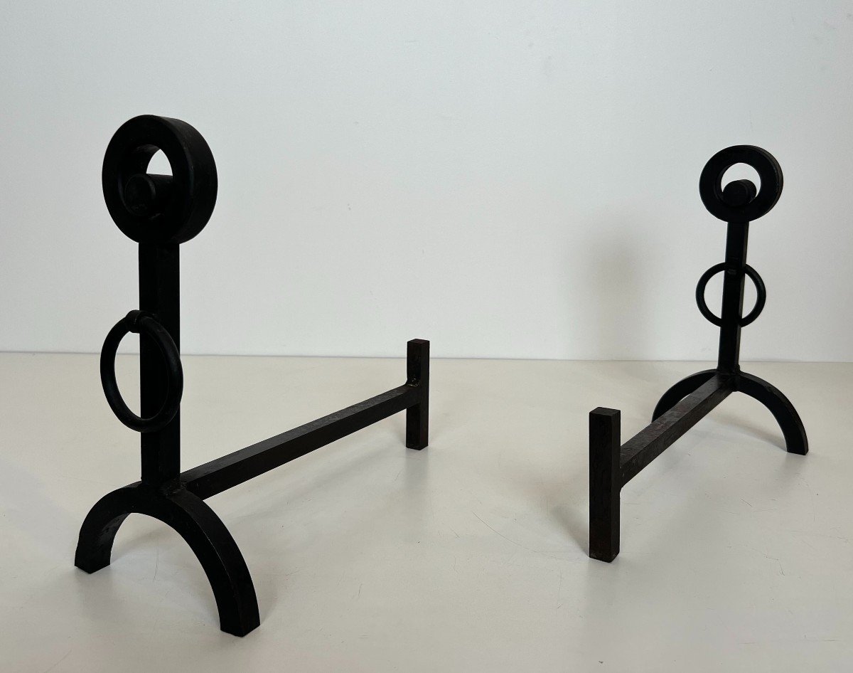 Pair Of Modernist Wrought Iron Andirons. French Work. Circa 1970-photo-4