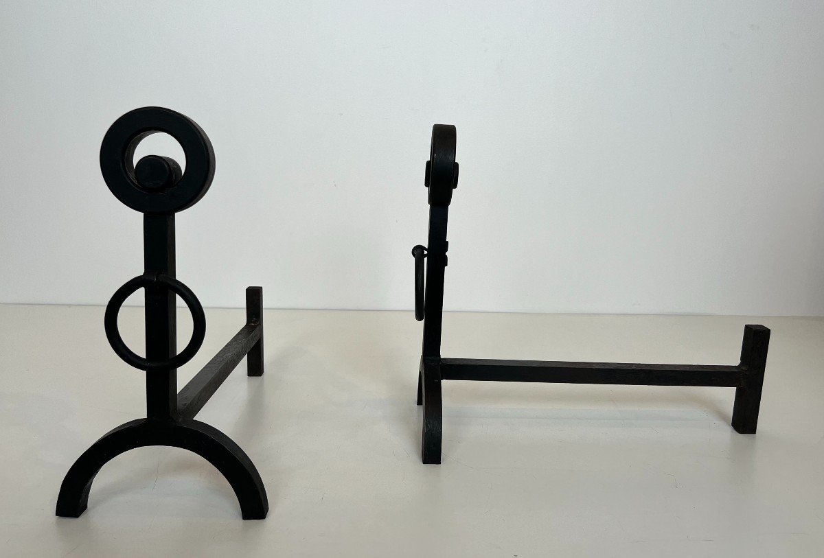 Pair Of Modernist Wrought Iron Andirons. French Work. Circa 1970-photo-1