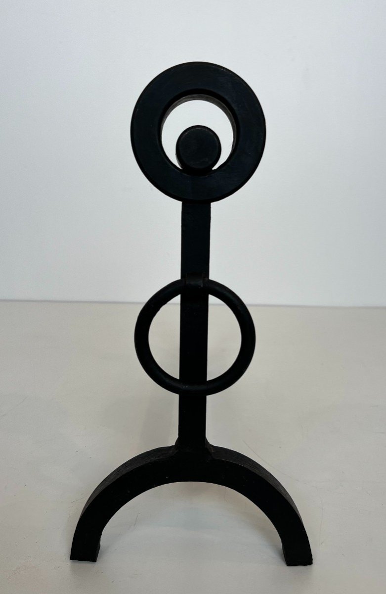 Pair Of Modernist Wrought Iron Andirons. French Work. Circa 1970-photo-2