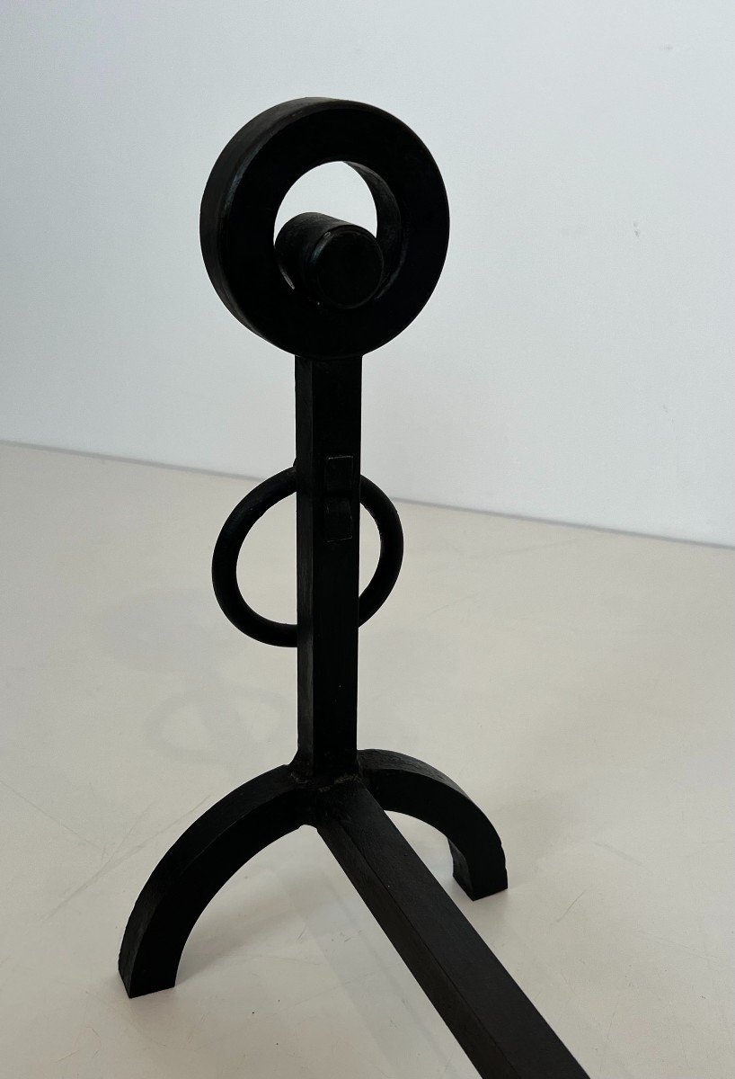 Pair Of Modernist Wrought Iron Andirons. French Work. Circa 1970-photo-3