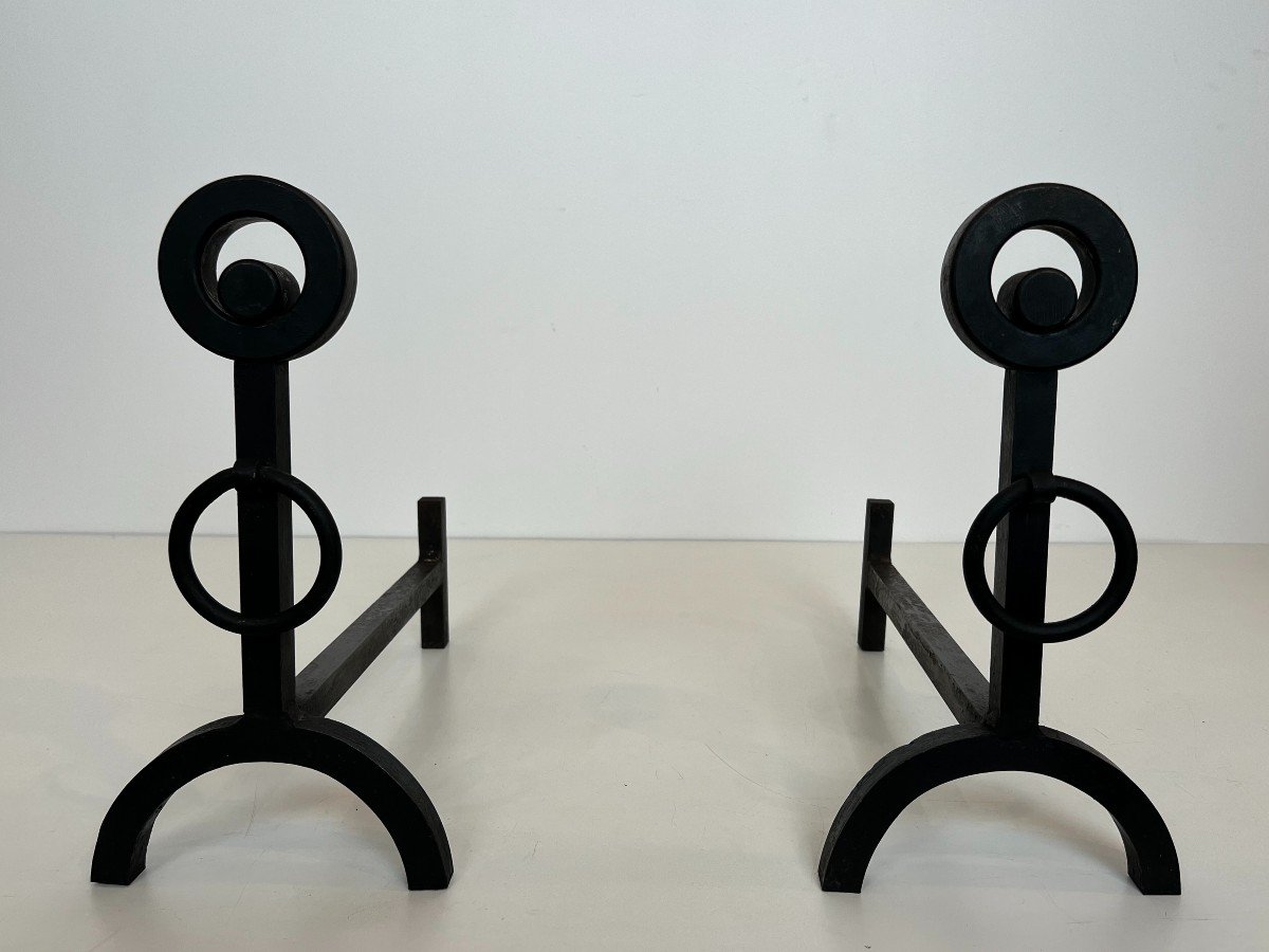 Pair Of Modernist Wrought Iron Andirons. French Work. Circa 1970-photo-8