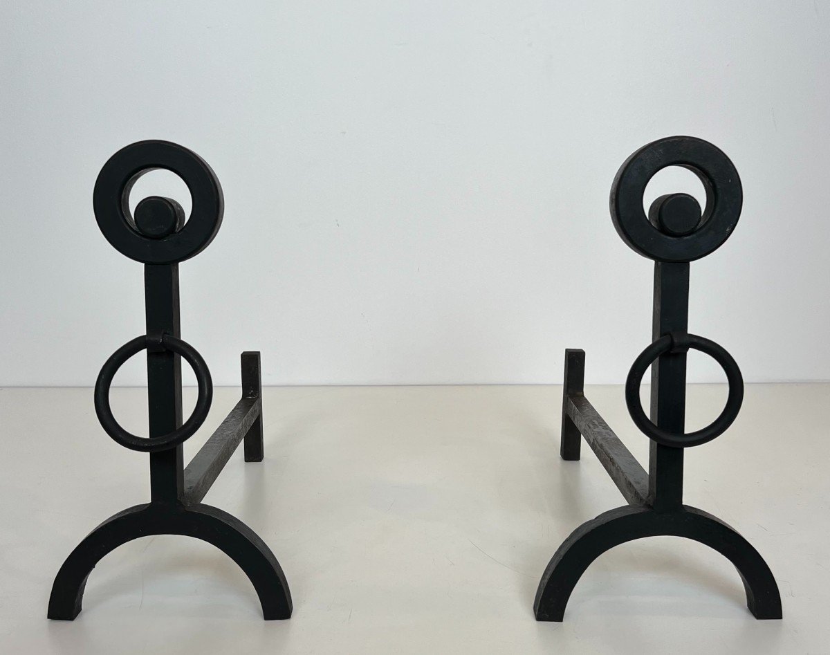 Pair Of Modernist Wrought Iron Andirons. French Work. Circa 1970