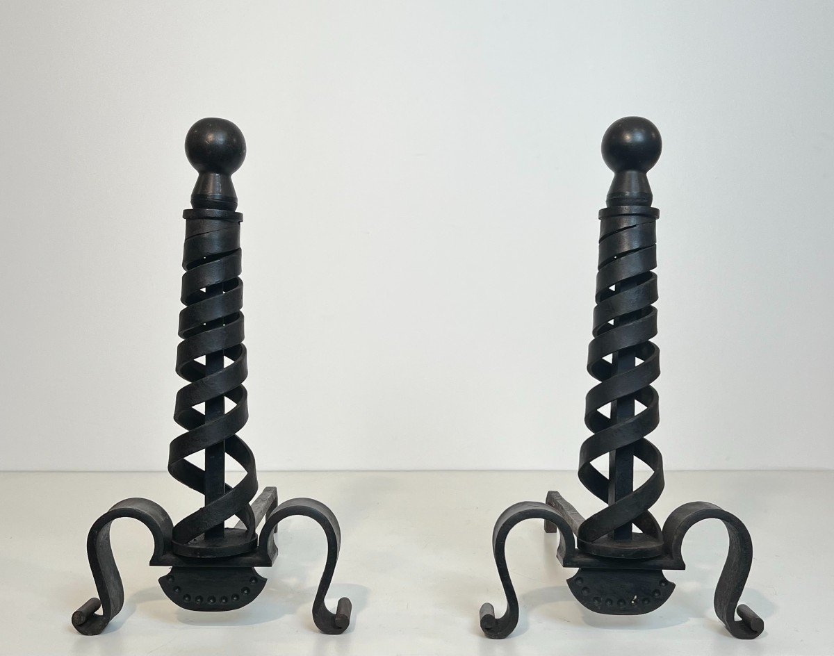 Pair Of Modernist Cast Iron And Wrought Iron Andirons. French Work By Raymond Subes. Circa 1940-photo-2