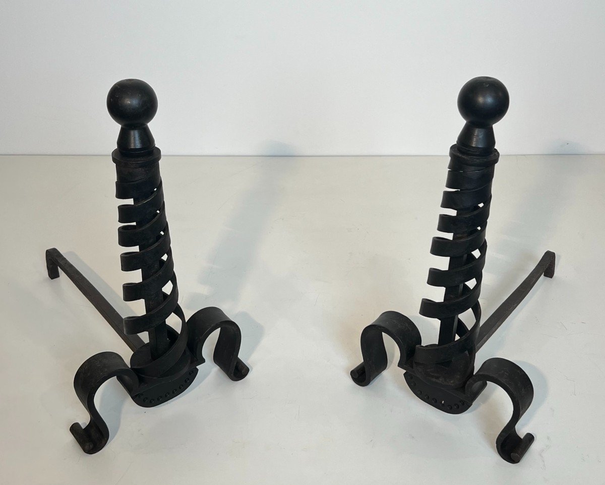 Pair Of Modernist Cast Iron And Wrought Iron Andirons. French Work By Raymond Subes. Circa 1940-photo-3