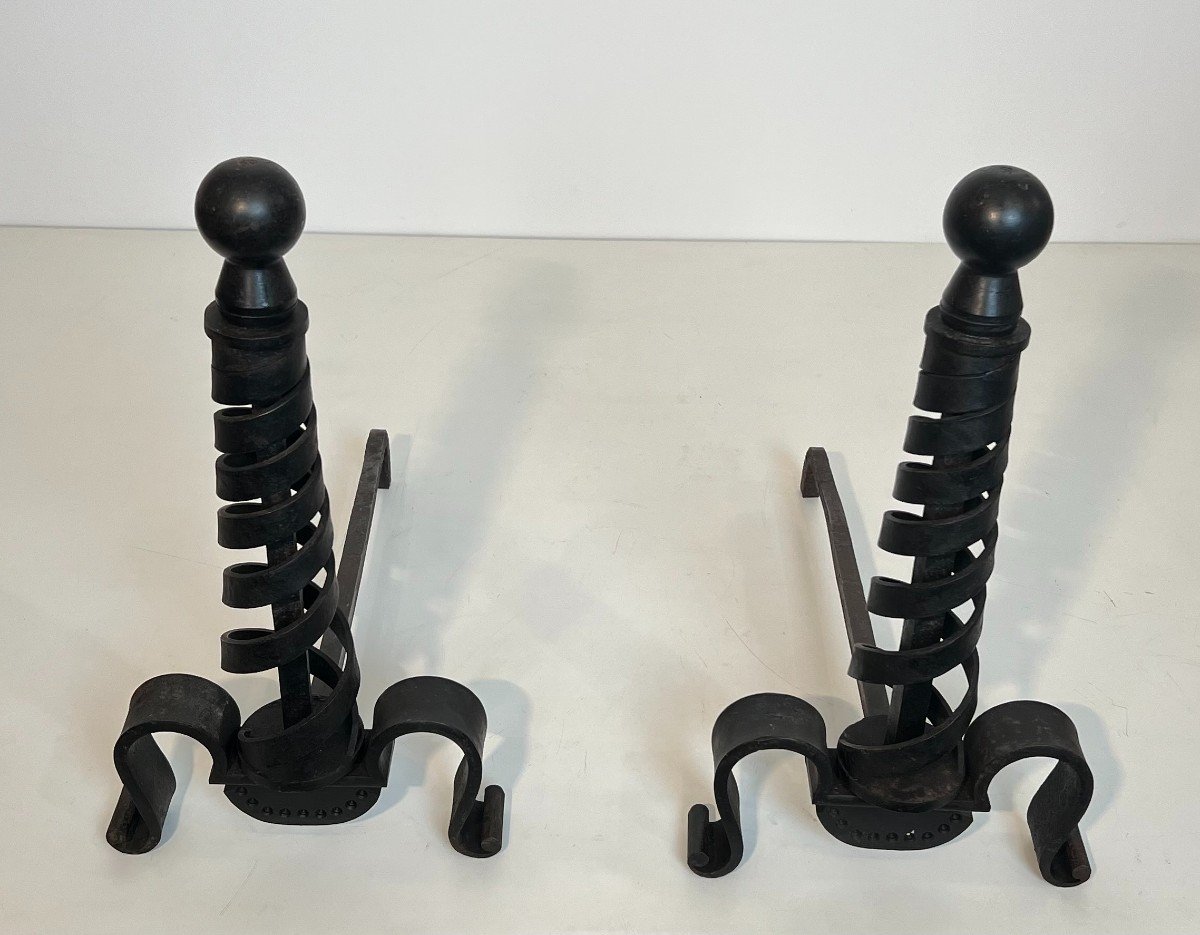 Pair Of Modernist Cast Iron And Wrought Iron Andirons. French Work By Raymond Subes. Circa 1940-photo-4