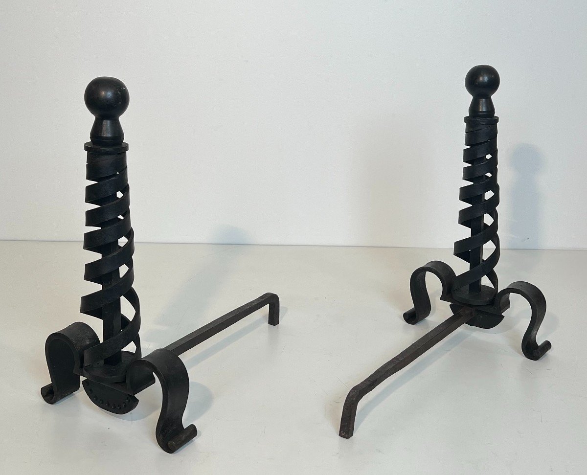 Pair Of Modernist Cast Iron And Wrought Iron Andirons. French Work By Raymond Subes. Circa 1940-photo-2