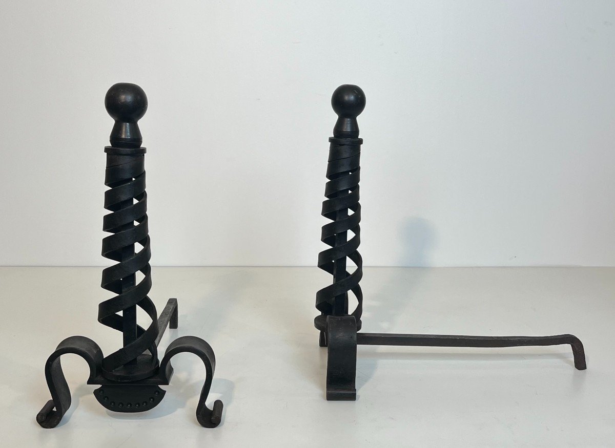 Pair Of Modernist Cast Iron And Wrought Iron Andirons. French Work By Raymond Subes. Circa 1940-photo-3