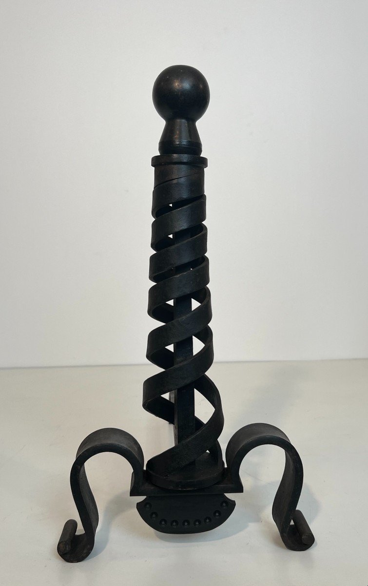 Pair Of Modernist Cast Iron And Wrought Iron Andirons. French Work By Raymond Subes. Circa 1940-photo-4