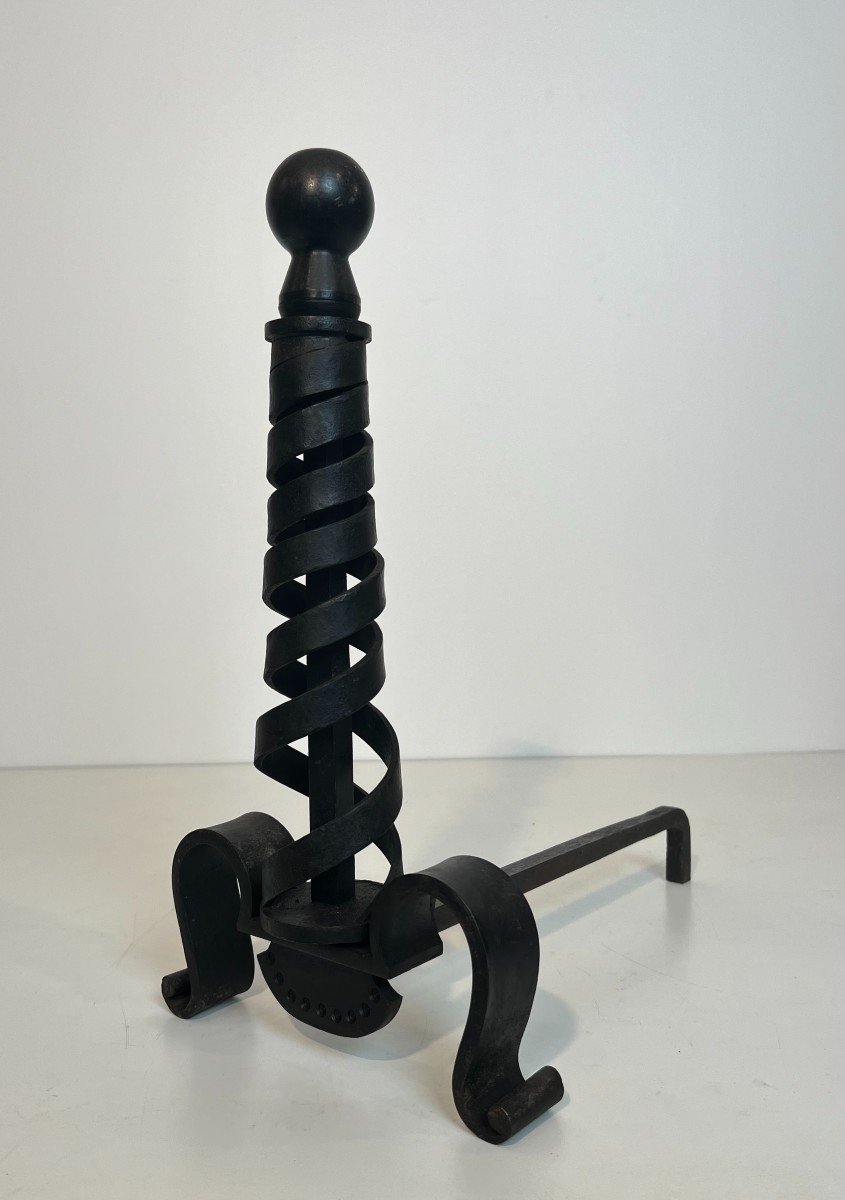 Pair Of Modernist Cast Iron And Wrought Iron Andirons. French Work By Raymond Subes. Circa 1940-photo-5