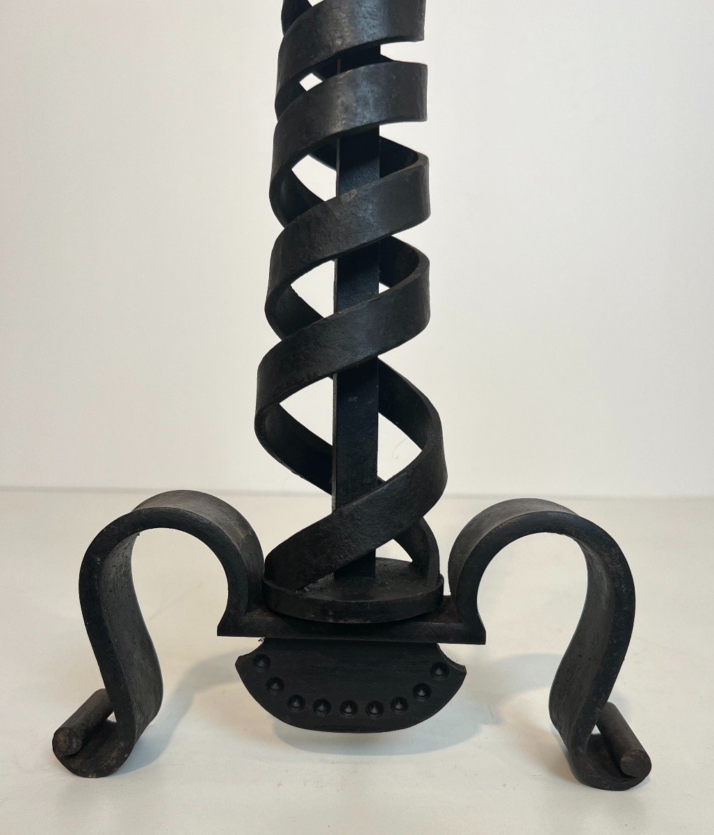 Pair Of Modernist Cast Iron And Wrought Iron Andirons. French Work By Raymond Subes. Circa 1940-photo-7