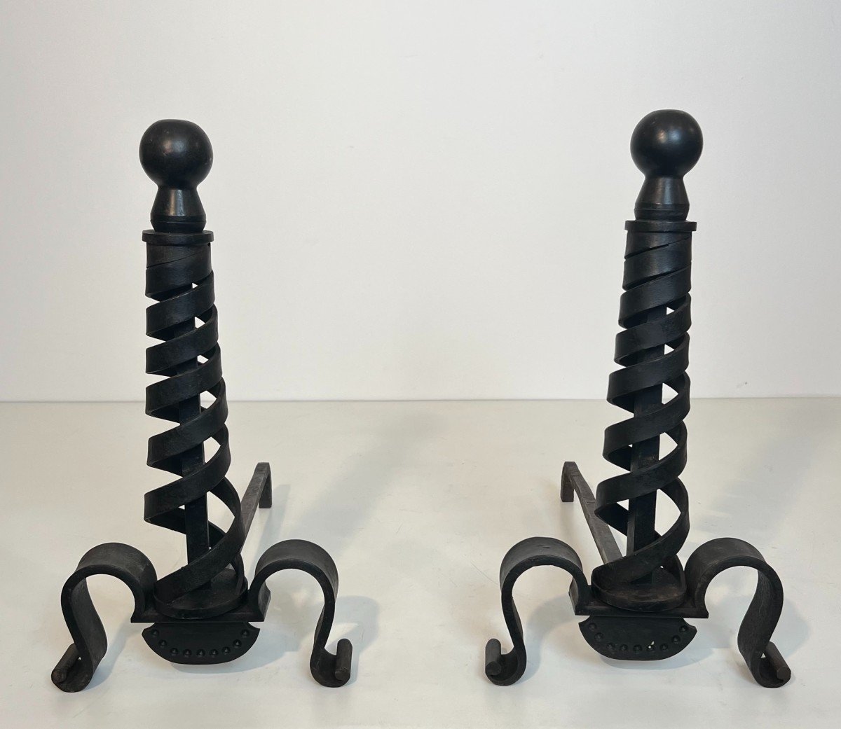 Pair Of Modernist Cast Iron And Wrought Iron Andirons. French Work By Raymond Subes. Circa 1940-photo-8