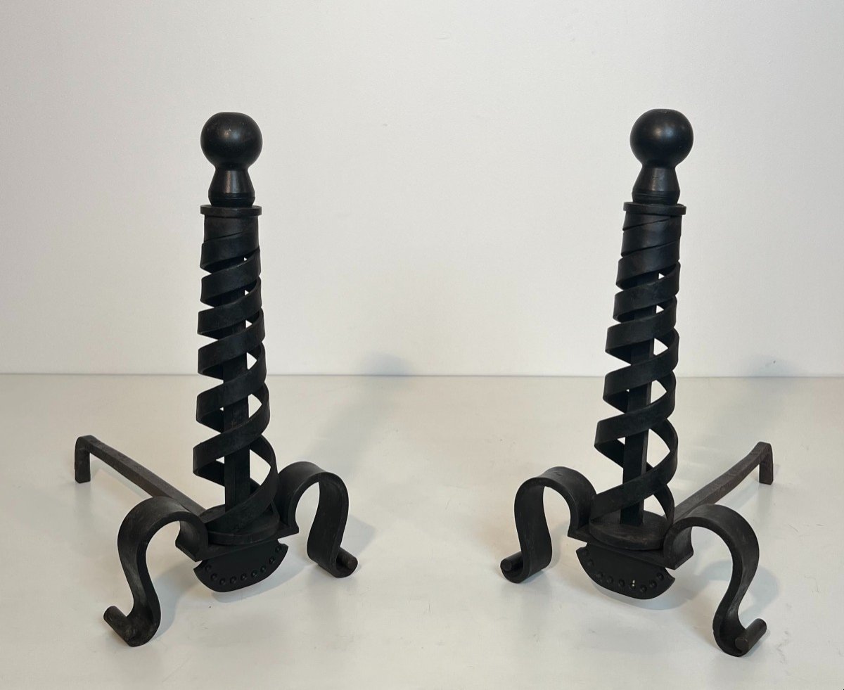 Pair Of Modernist Cast Iron And Wrought Iron Andirons. French Work By Raymond Subes. Circa 1940