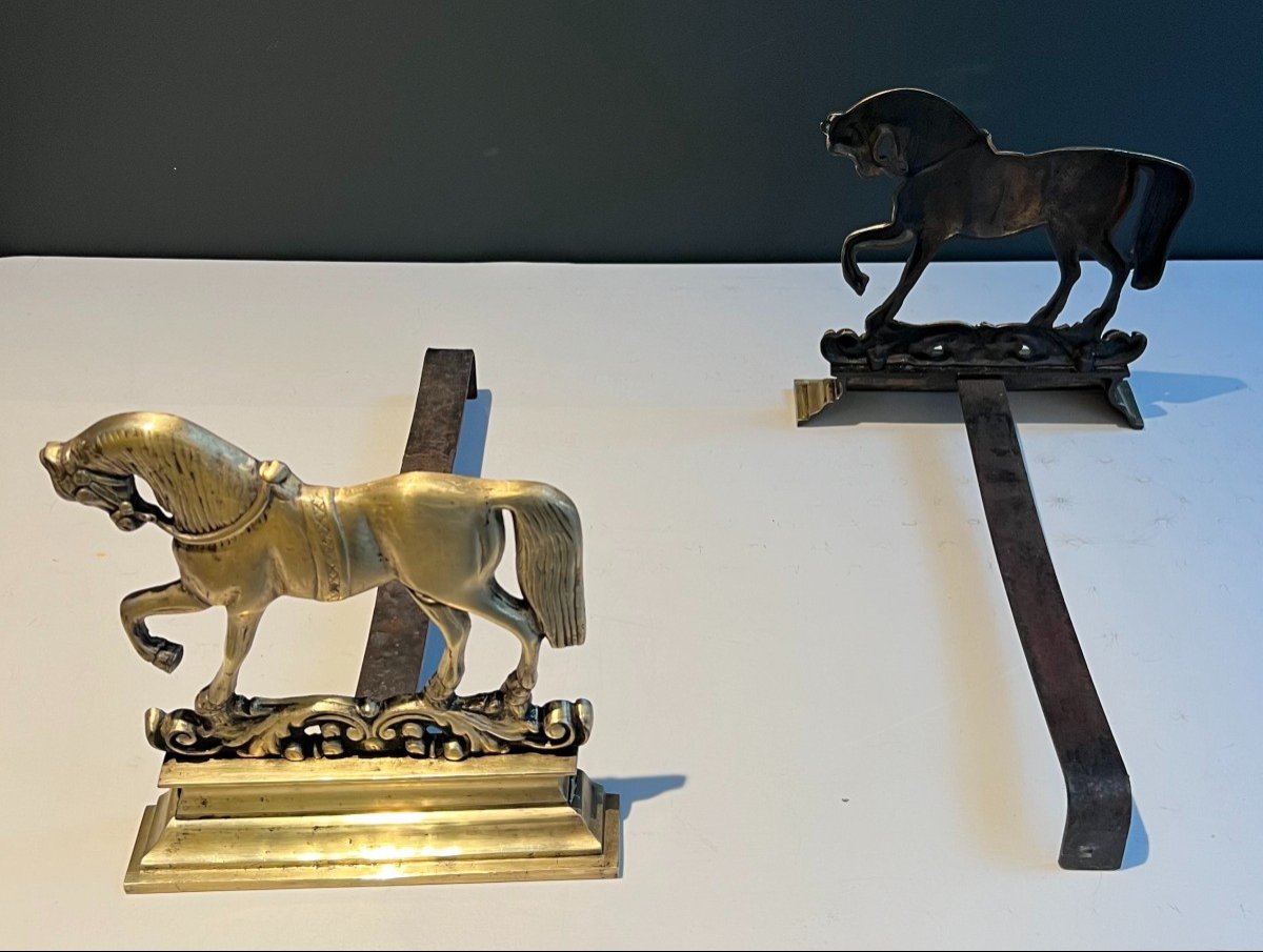 Paire De Chenets Aux Chevaux En Bronze. Travail Français. Vers 1900-photo-1