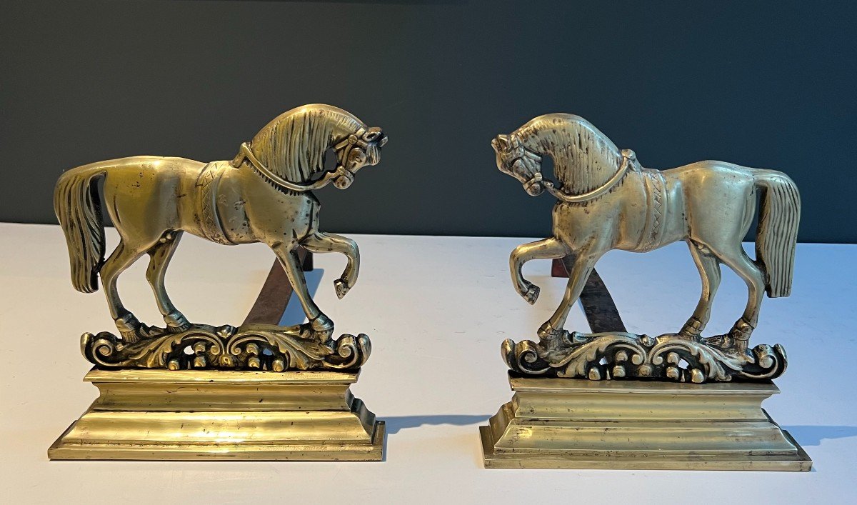 Paire De Chenets Aux Chevaux En Bronze. Travail Français. Vers 1900