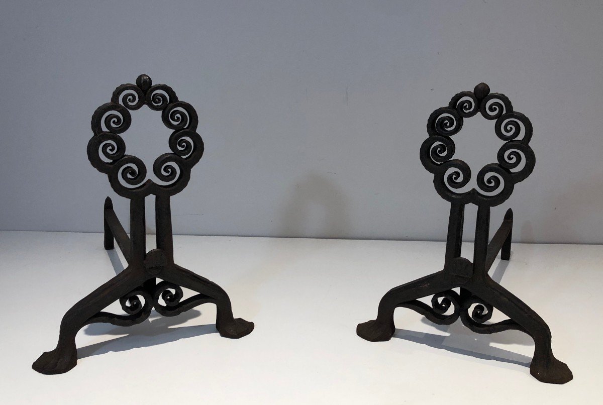 Pair Of Wrought And Hammered Iron Andirons. Swiss Work From Art Nouveau Period, Signed Wanner G-photo-2