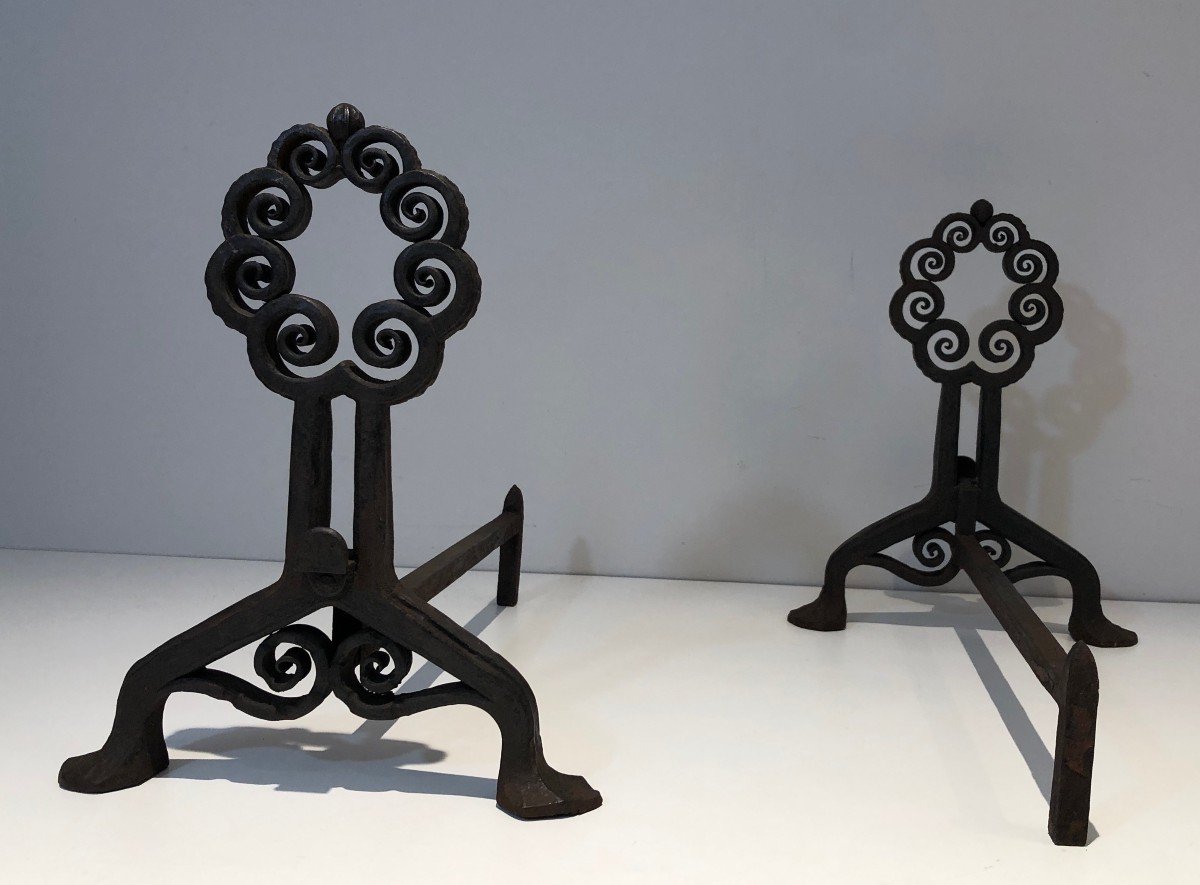 Pair Of Wrought And Hammered Iron Andirons. Swiss Work From Art Nouveau Period, Signed Wanner G-photo-3