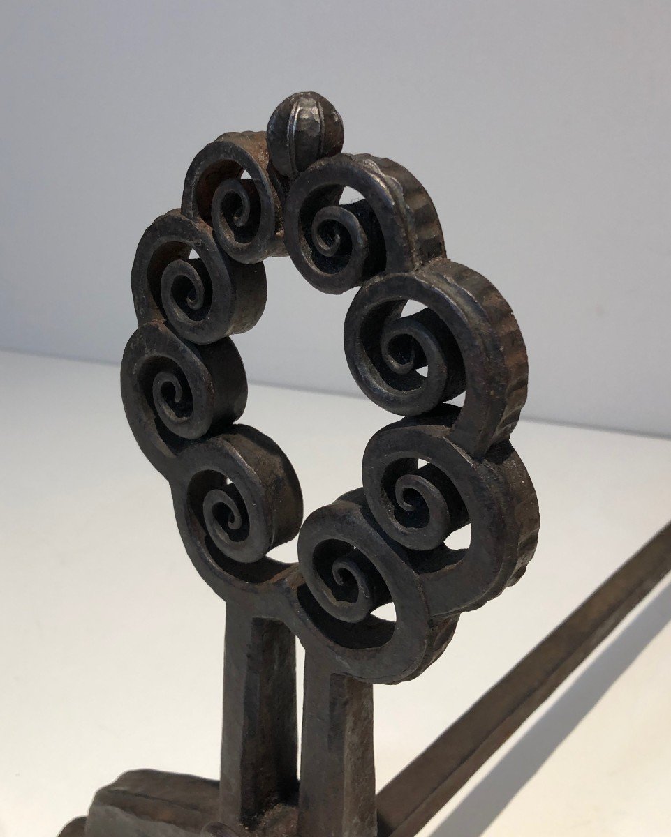 Pair Of Wrought And Hammered Iron Andirons. Swiss Work From Art Nouveau Period, Signed Wanner G-photo-1