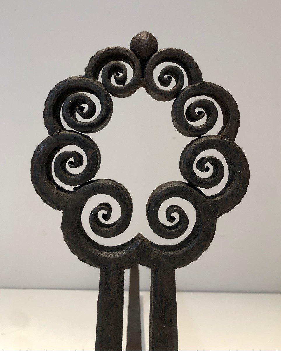 Pair Of Wrought And Hammered Iron Andirons. Swiss Work From Art Nouveau Period, Signed Wanner G-photo-2