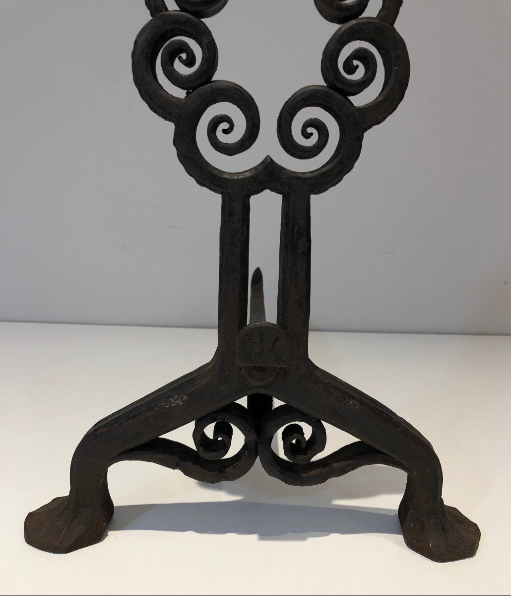 Pair Of Wrought And Hammered Iron Andirons. Swiss Work From Art Nouveau Period, Signed Wanner G-photo-4