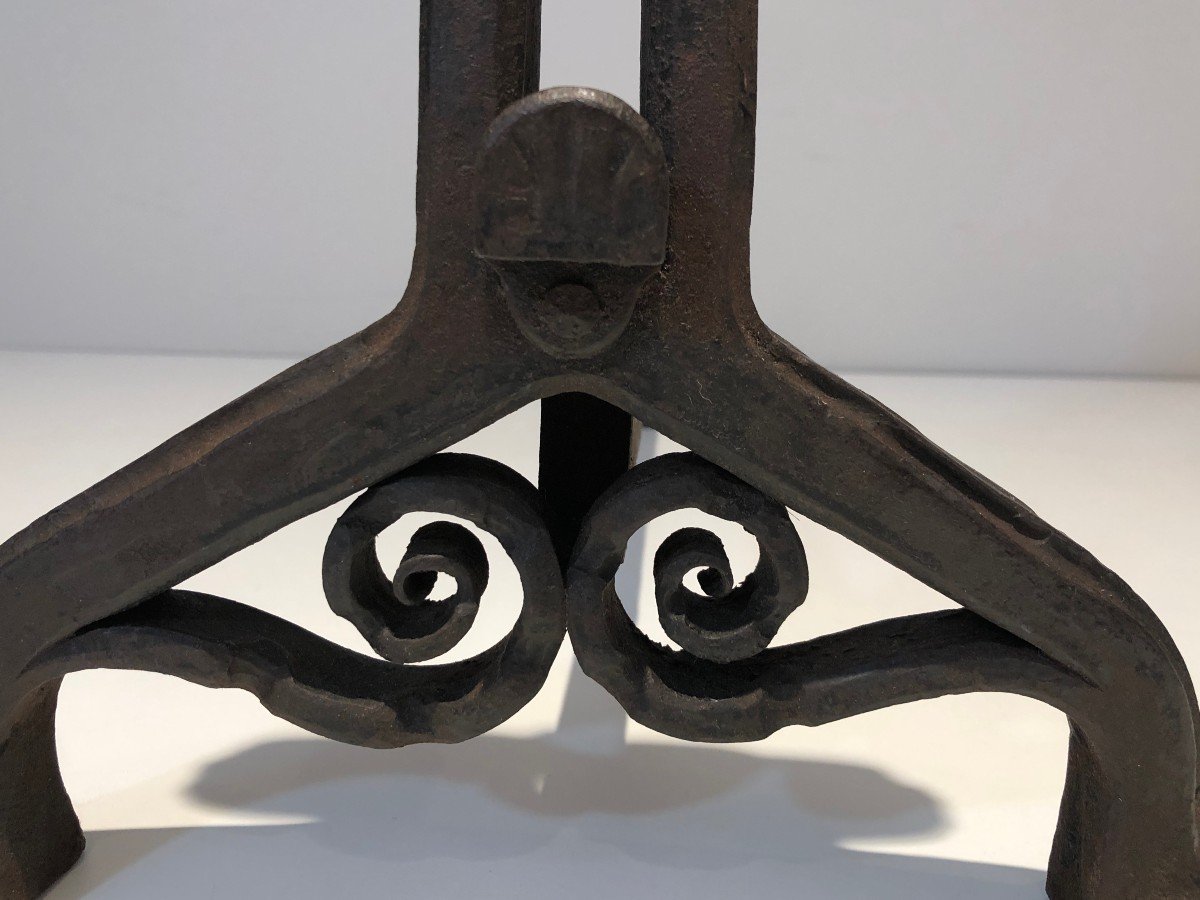 Pair Of Wrought And Hammered Iron Andirons. Swiss Work From Art Nouveau Period, Signed Wanner G-photo-5