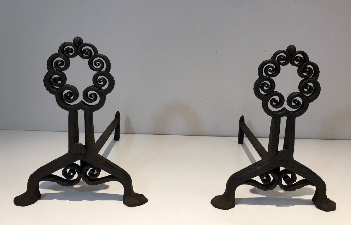 Pair Of Wrought And Hammered Iron Andirons. Swiss Work From Art Nouveau Period, Signed Wanner G-photo-8