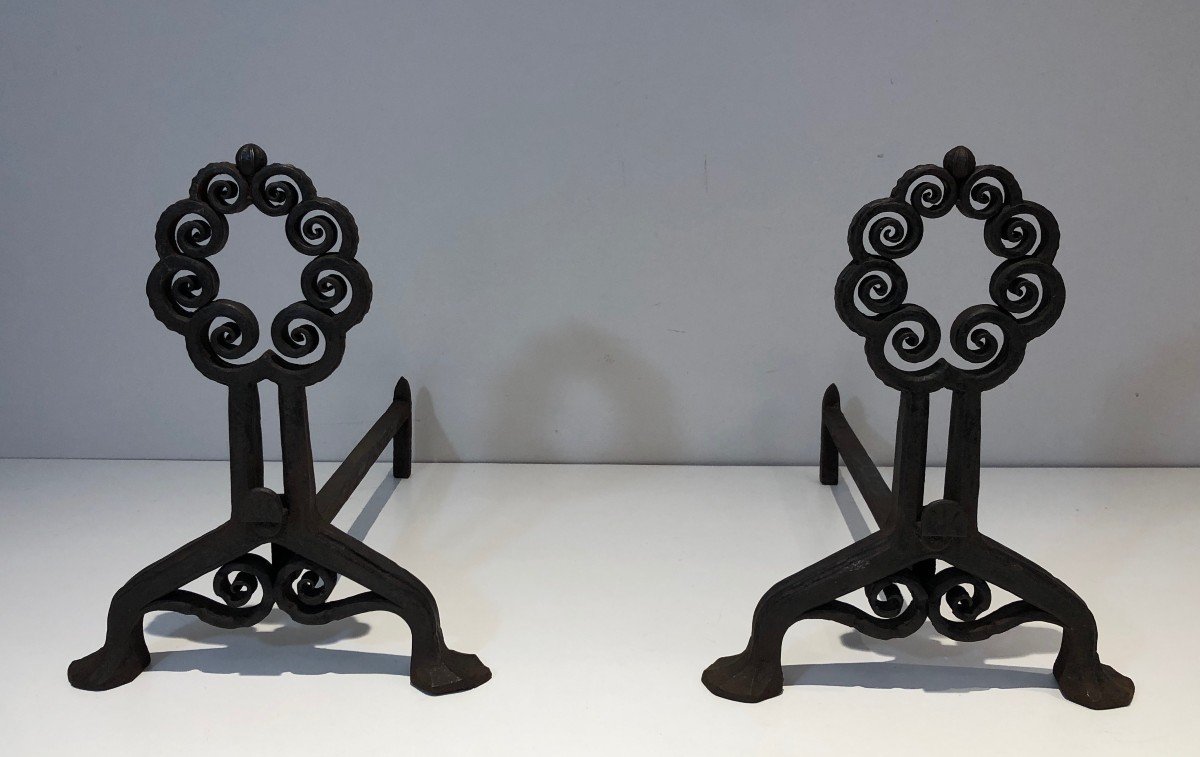 Pair Of Wrought And Hammered Iron Andirons. Swiss Work From Art Nouveau Period, Signed Wanner G