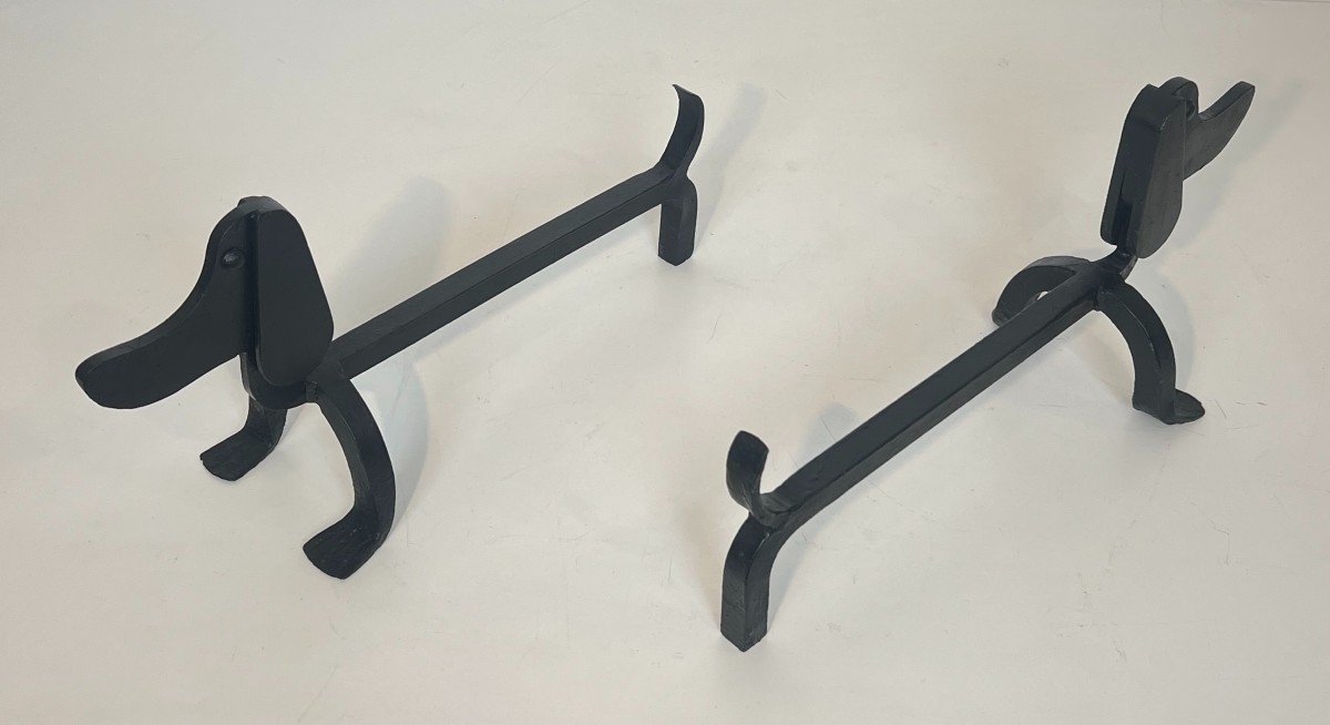 Pair Of Wrought Iron Andirons Representing Dachshunds  Attributed To Edouard Shenk.-photo-2