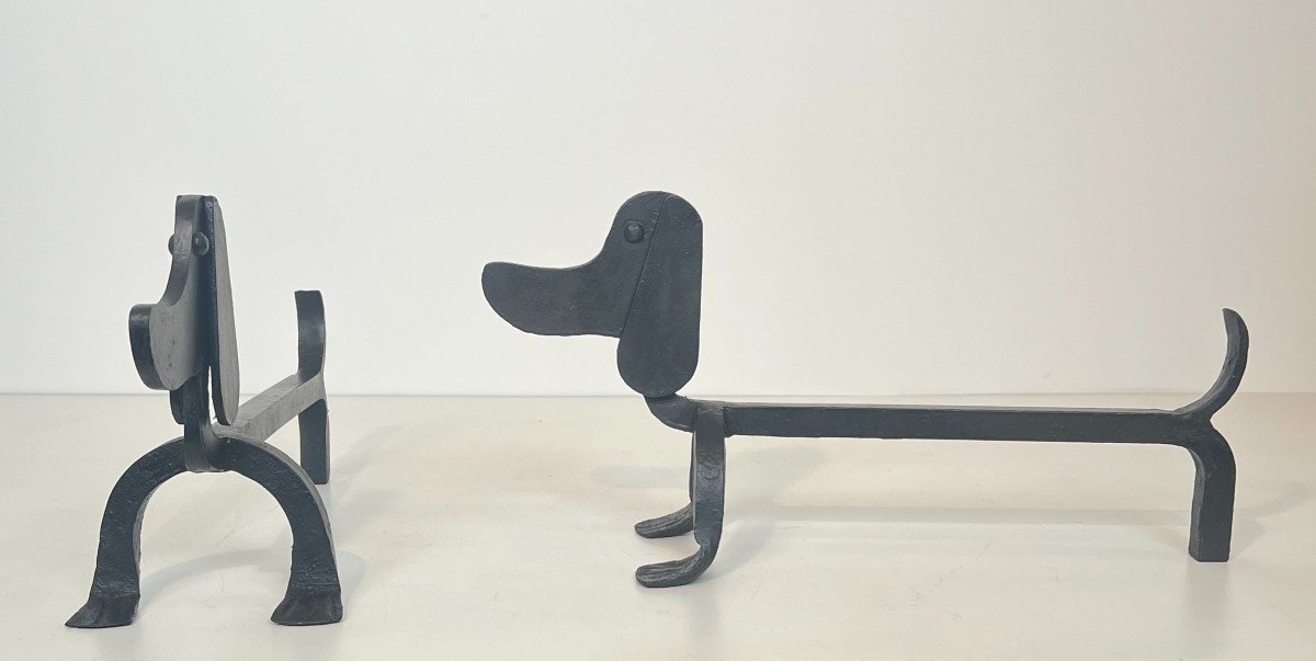 Pair Of Wrought Iron Andirons Representing Dachshunds  Attributed To Edouard Shenk.-photo-7