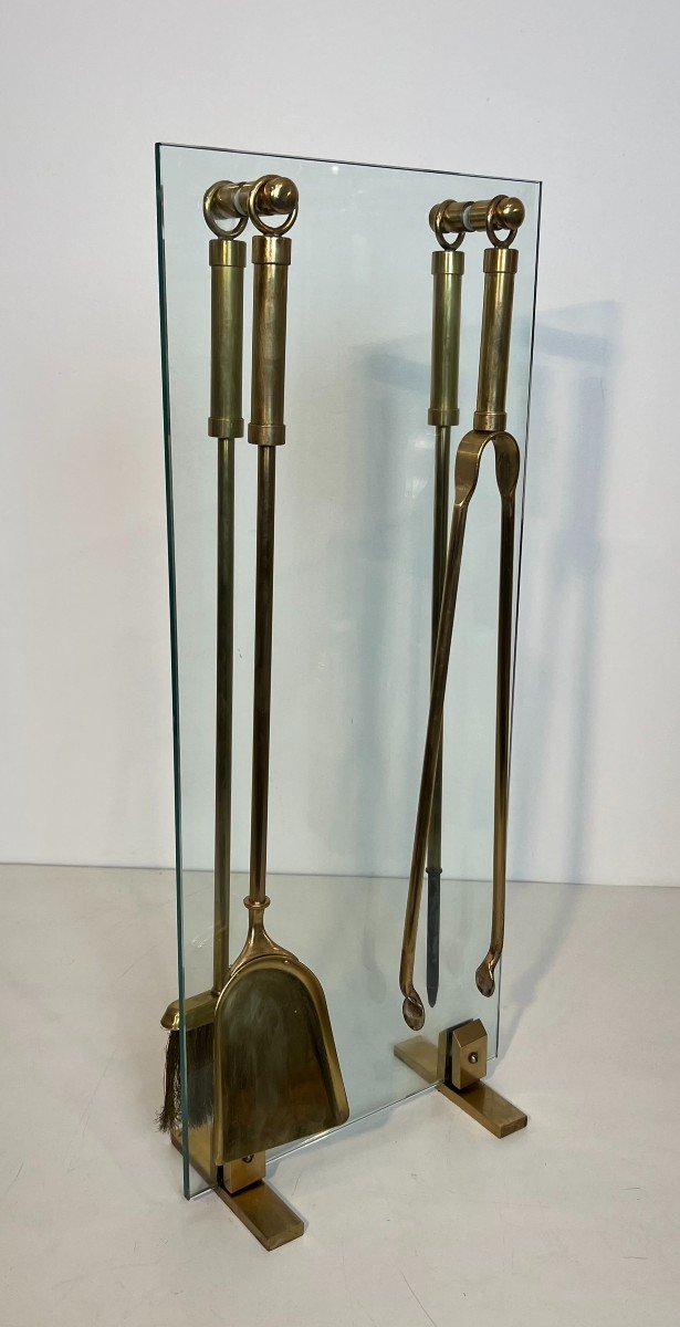 Design Glass And Brass Fireplace Tools. French Work. Circa 1970-photo-2