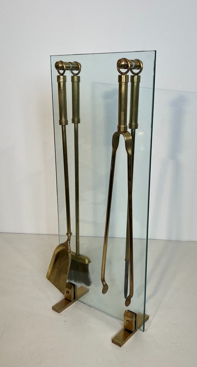 Design Glass And Brass Fireplace Tools. French Work. Circa 1970-photo-7