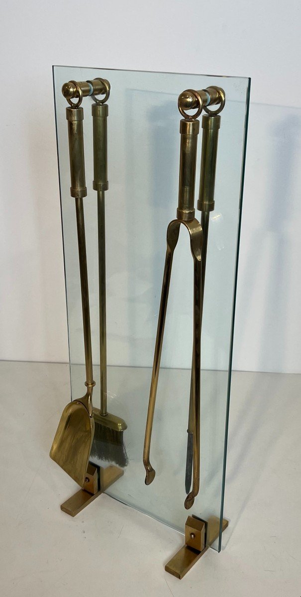 Design Glass And Brass Fireplace Tools. French Work. Circa 1970-photo-8