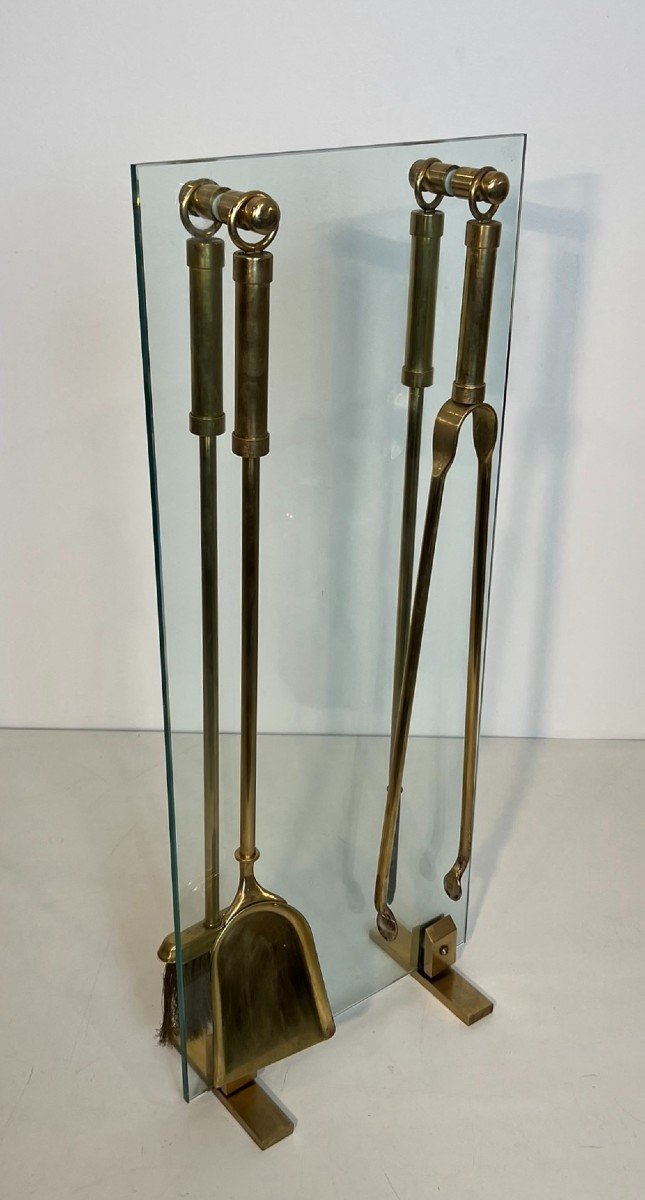 Design Glass And Brass Fireplace Tools. French Work. Circa 1970