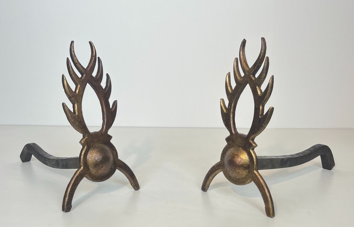 Pair Of Gilt Wrought Iron Andirons. French Work In The Style Of Garouste Et Bonnetti. 