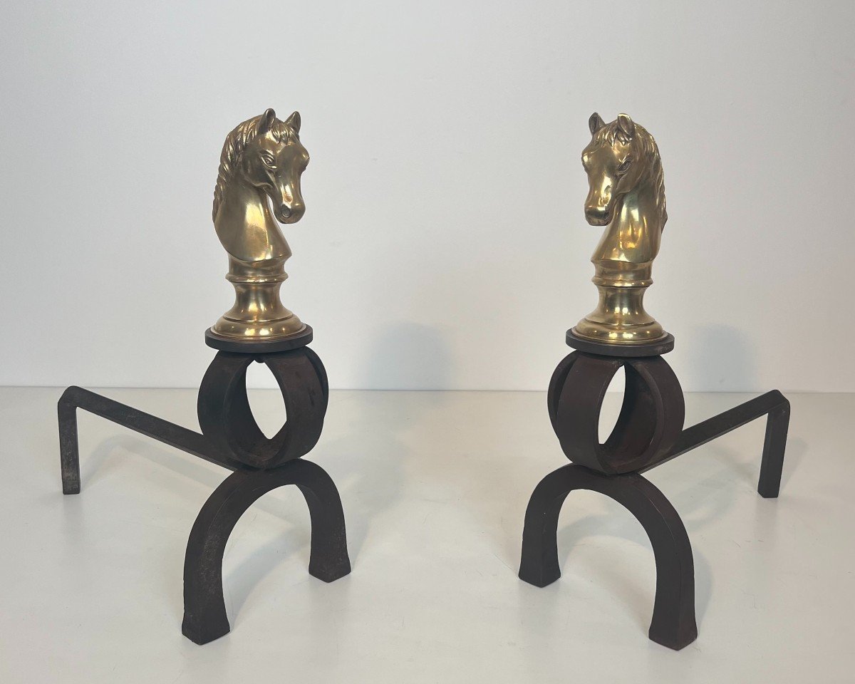 Important Pair Of Bronze And Wrought Iron Andirons Representing Horse Heads. French Work. -photo-2