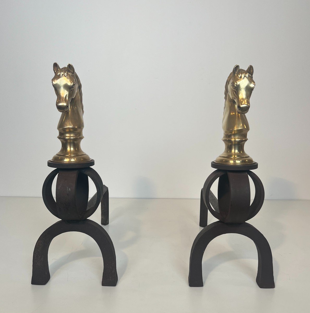 Important Pair Of Bronze And Wrought Iron Andirons Representing Horse Heads. French Work. -photo-3